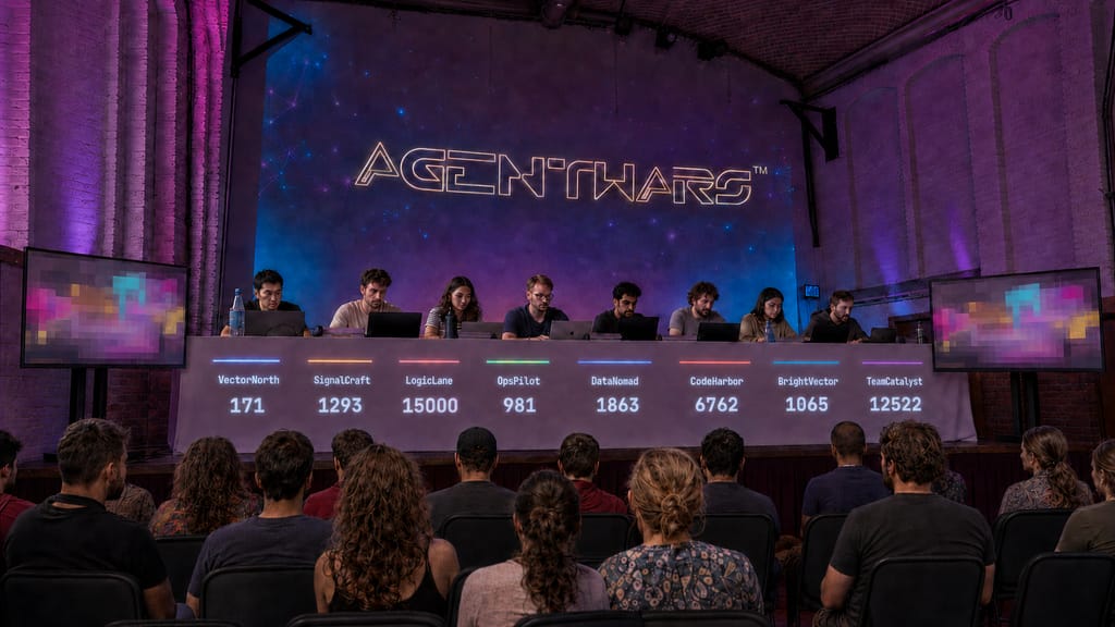 Spelers achter hun laptops op het podium, met de stand op het scherm en collega’s in de zaal