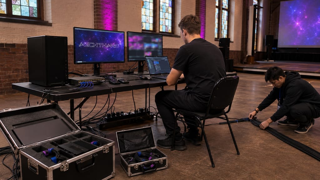 Opbouw: gameserver, switch en videoserver op een tafel, cases open, kabels worden uitgelegd